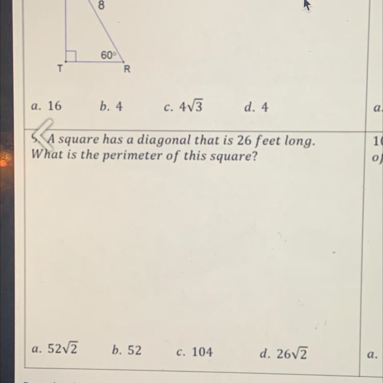 A square has a diagonal that is 26 feet long. What is the perimeter of this square-example-1