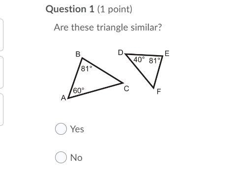 Please help! Are these triangles similar?-example-1