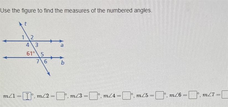 Use the figure to find the measures of the numbered angles.-example-1