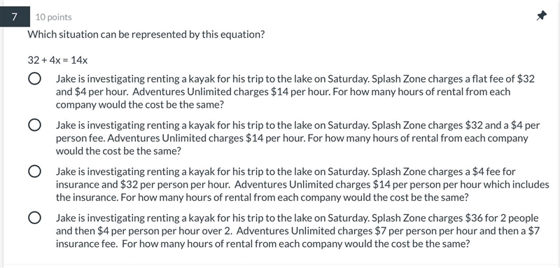 Which situation can be represented by this equation? 32 + 4x = 14x Jake is investigating-example-1