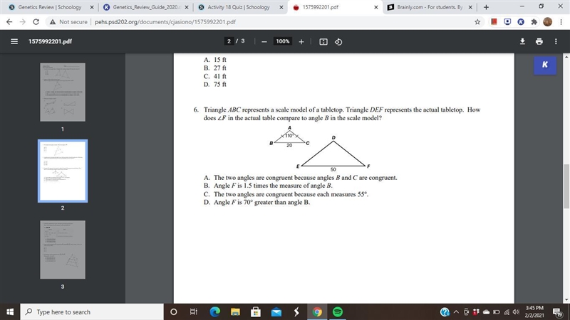 Triangle ABC represents a scale model of a tabletop. Triangle DEF represents the actual-example-1