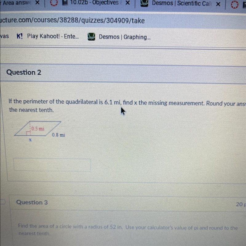 If the perimeter of the quadrilateral is 6.1 mi. find x the missing measurement. Round-example-1