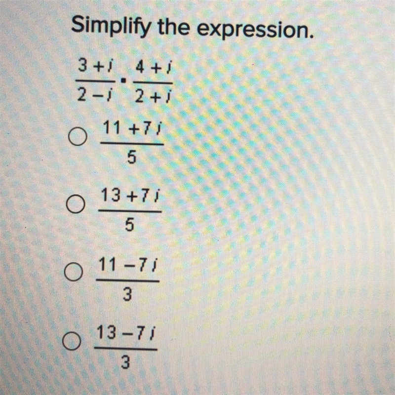 What’s the answer to this problem ? 3+i/2-i * 4+i/2+i-example-1