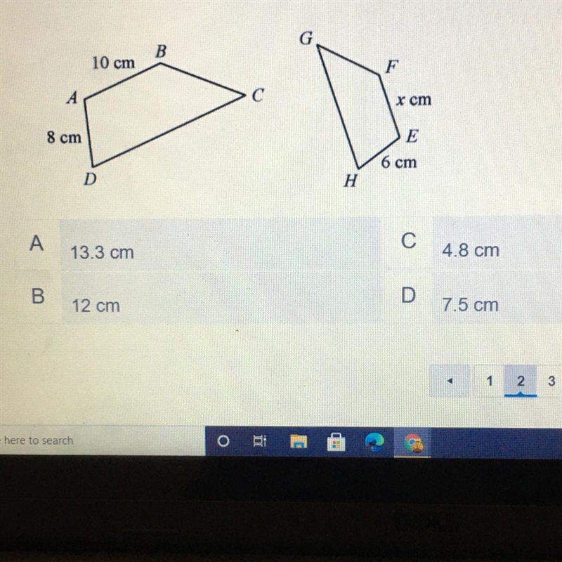 Quadrilateral ABCD is similar to quadrilateral EFGH. Determine the value of x in centimeters-example-1