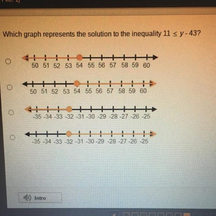 Which graph represents the solution to the inequality 11 sy-43? O 1 50 51 52 53 54 55 56 57 58 59 60 50 51 52 53 54 55 56 57 58 59 60 o-example-1