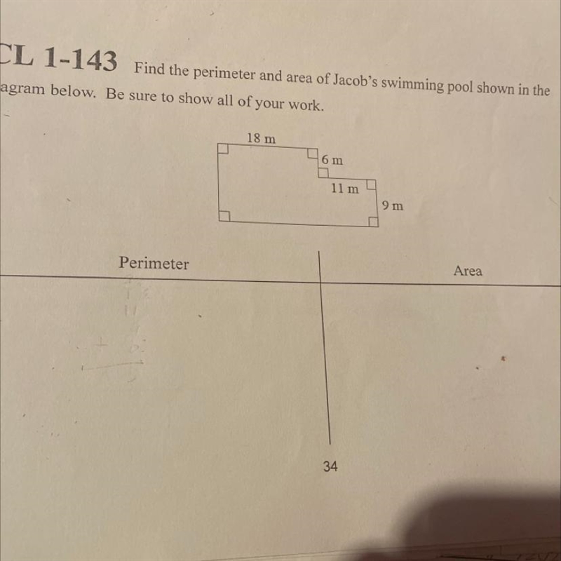 Find the perimeter and the area of jacobs pool shown in the diagram below be sure-example-1