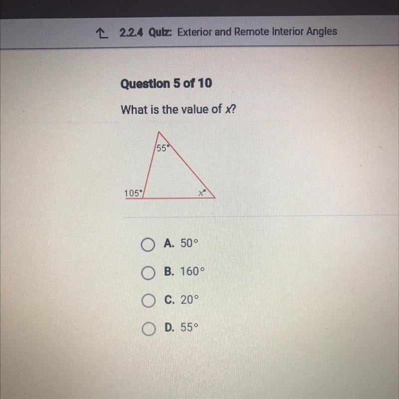 What is the value of x? 55 A 105° A. 500 B. 160° C. 20° D. 550-example-1