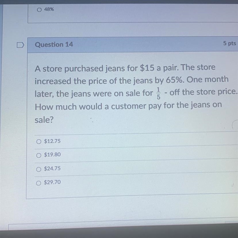 A store purchased jeans for $15 a pair. The store increased the price of the jeans-example-1