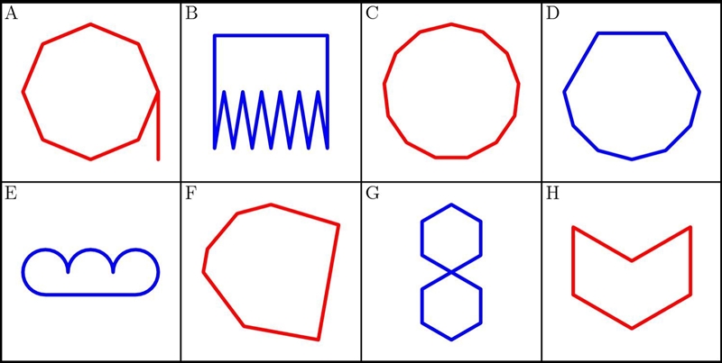 Eight figures are below. Which ones are polygons? Type your answer as a list, separated-example-1