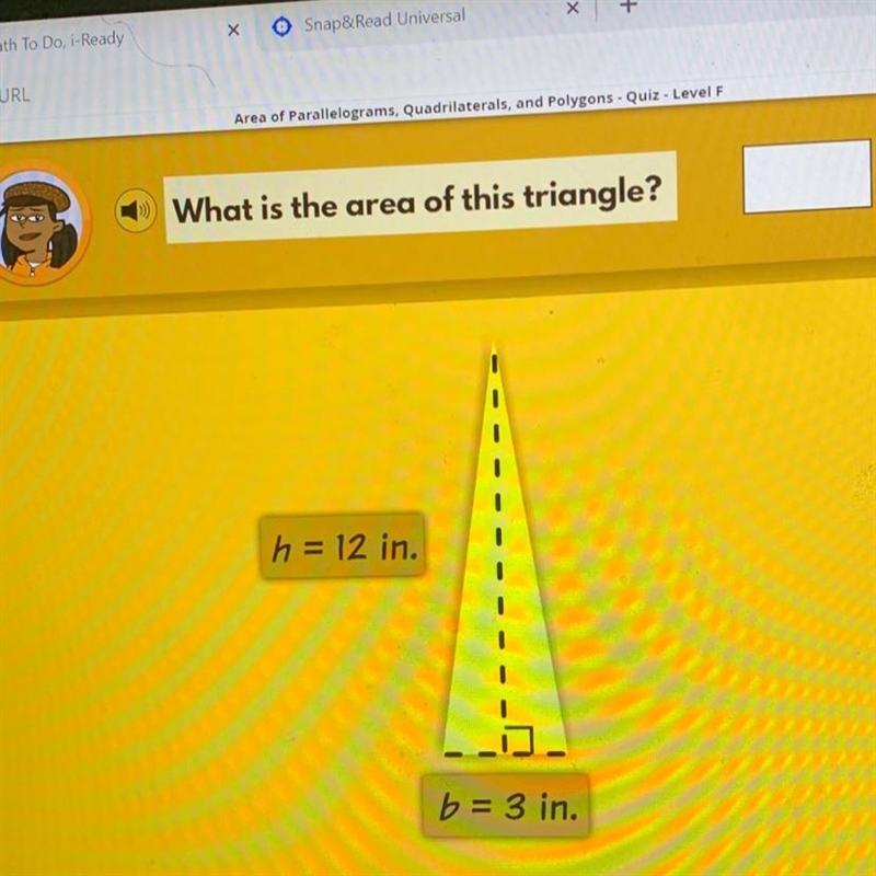 In. in2 What is the area of this triangle? h = 12 in. b = 3 in.-example-1