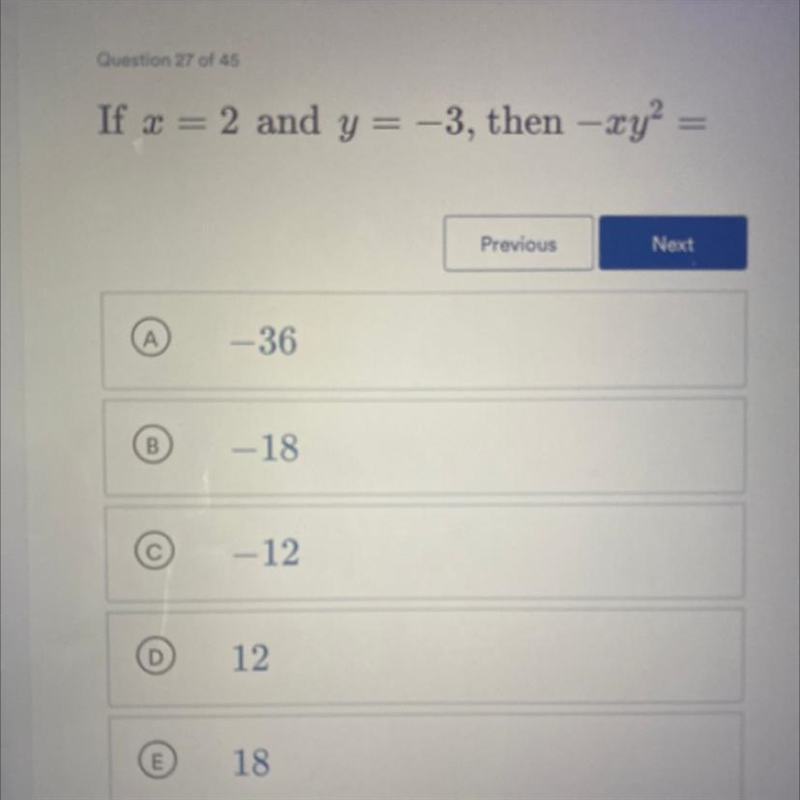 If x=2 and y=-3, then -xy^2=-example-1