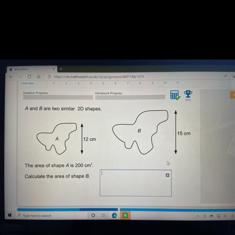 A and B are two similar shapes the area of shape A is 200cm2 calculate the area of-example-1