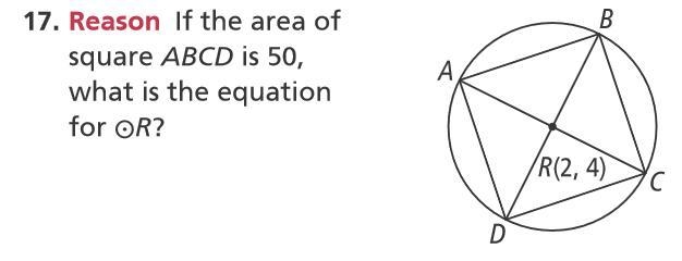 If the area of square ABCD is 50, what is the equation for ⊙R? Please, if possible-example-1