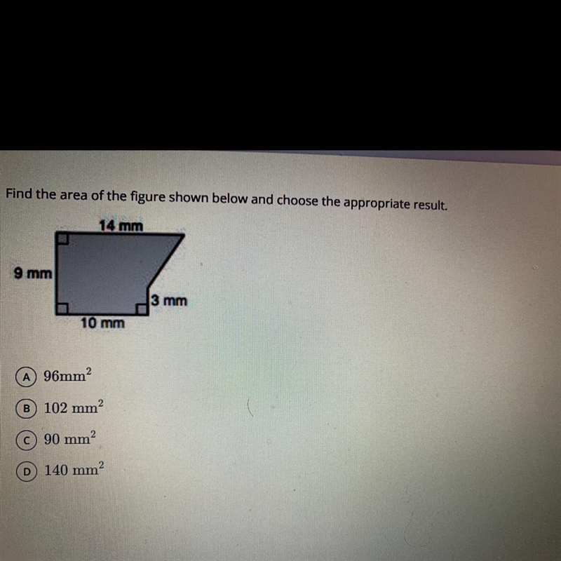 2 Find the area of the figure shown below and choose the appropriate result. A 96mm-example-1