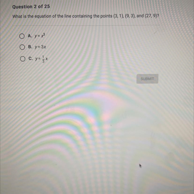 What is the equation of the line containing the points (3, 1), (9,3), and (27, 9)? A-example-1