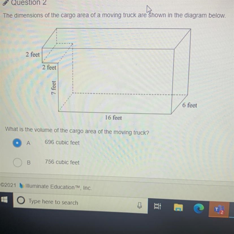 What is the volume of the cargo area of the moving truck? A. 696 cubic feet B. 756 cubic-example-1