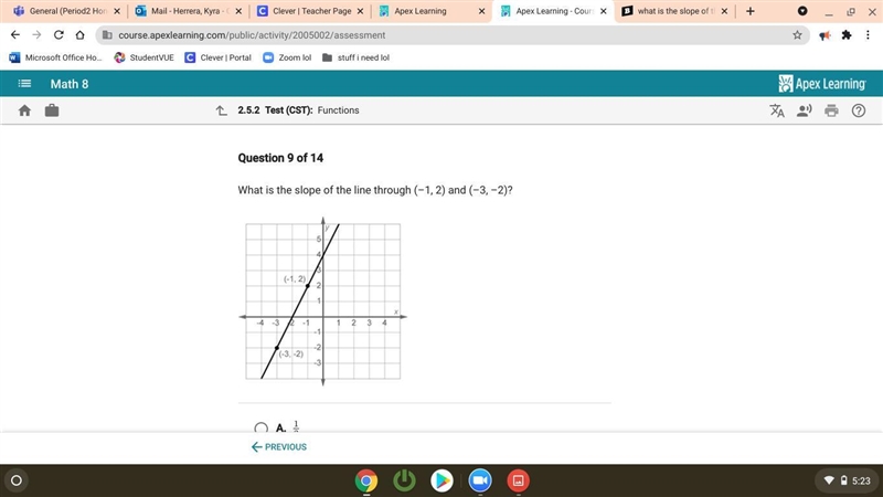 What is the slope of the line through (-1, 2) and (-3, -2)? help me bestysss plsss-example-2