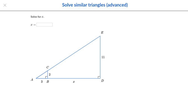 Solve Similar Triangles (advanced) Solve for x! PLEASE HELP!!-example-1