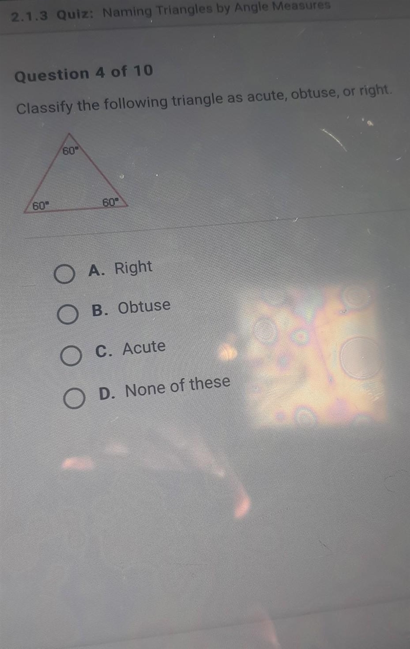 Classify the following triangle as acute obtuse or right​-example-1