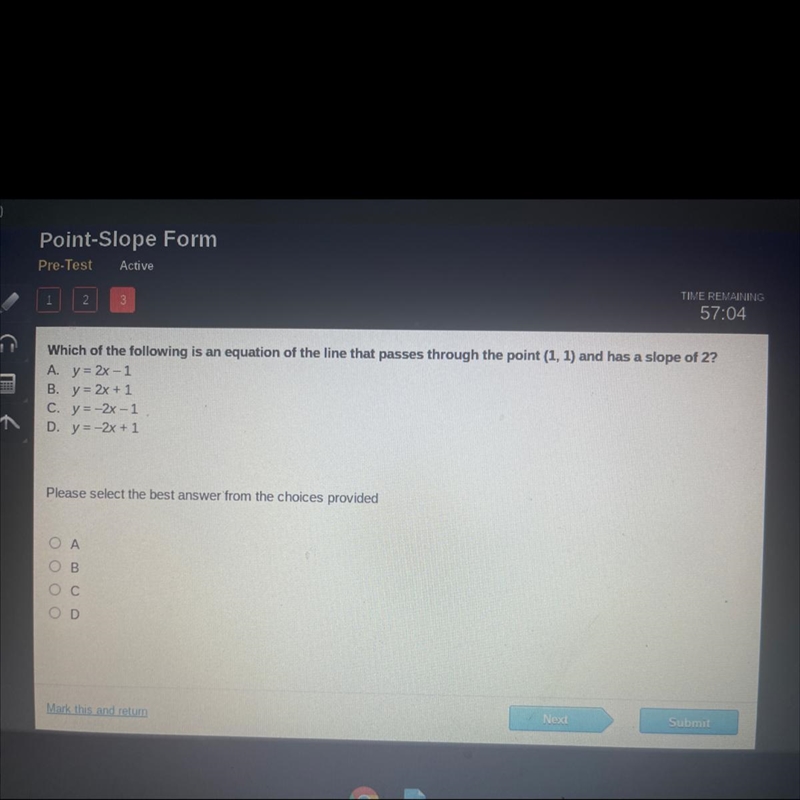 Which of the following is an equation of the line that passes through the point (1, 1) and-example-1