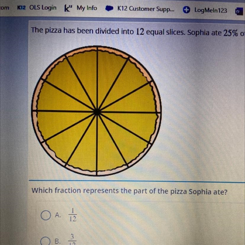 The pizza has been divided into 12 equal slices. Sophia ate 25% of the pizza. Which-example-1