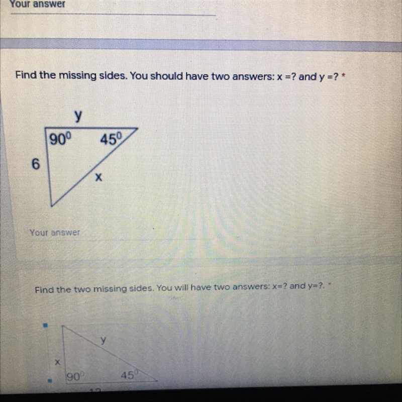 Find the two missing sides what is x and y-example-1