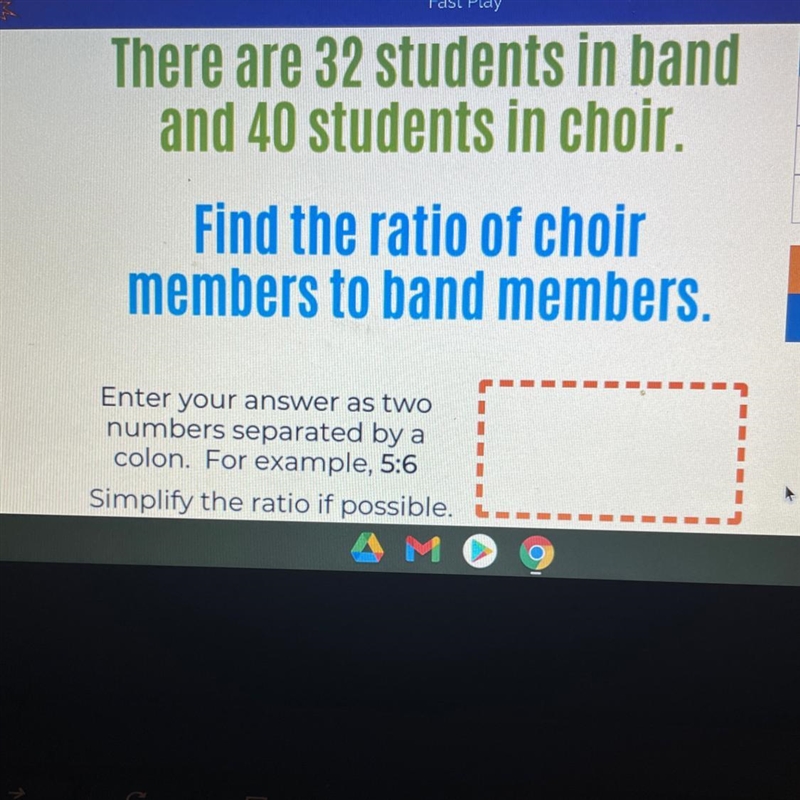 There are 32 students in band and 40 students in choir Find the ratio of choir mention-example-1