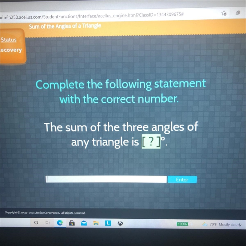 Complete the following statement with the correct number. The sum of the three angles-example-1