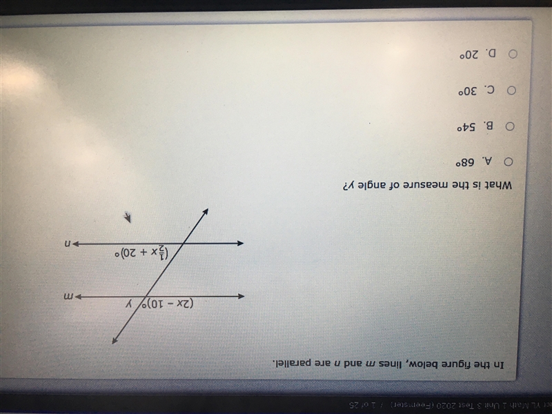 In the figure below, lines m and n are parallel. What is the measure of angle y?-example-1