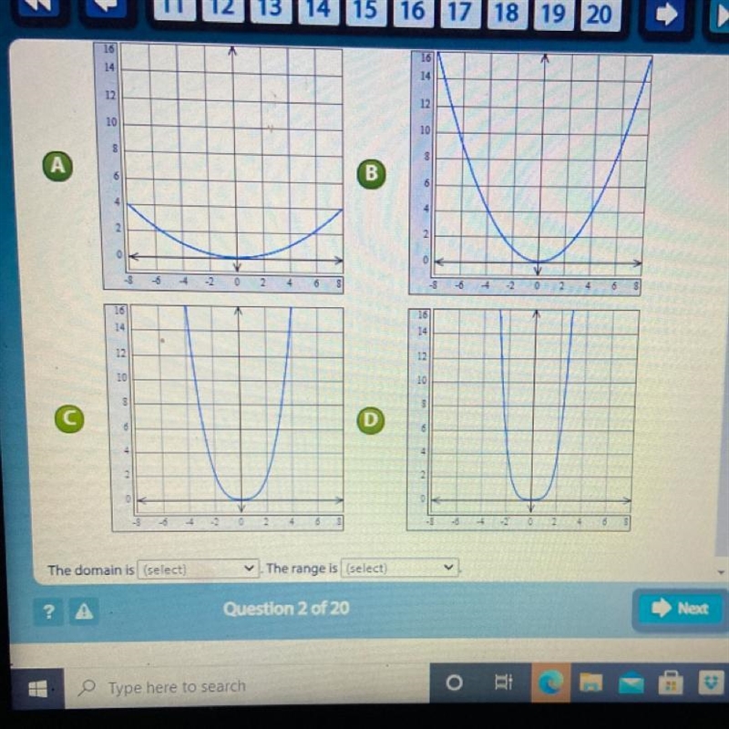 Select the graph of the quadratic function g(x) = 1/4x^2. Identify the domain and-example-1