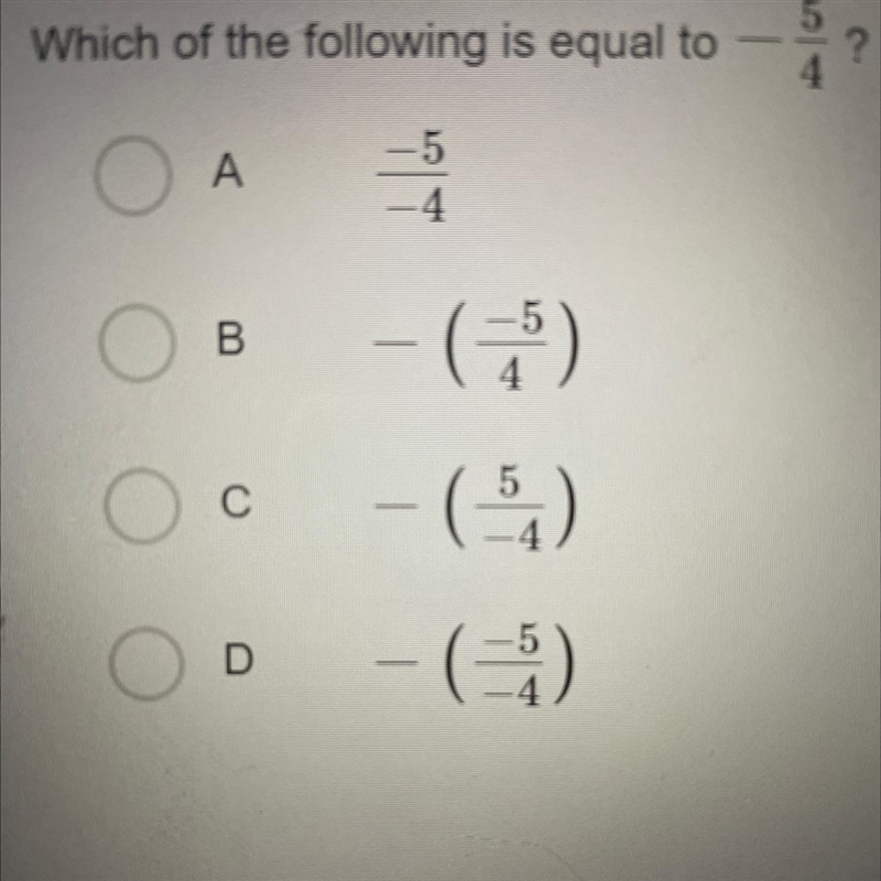 Which of the following is equal to 5 ? 4 А B -6). С -(0) D -()-example-1