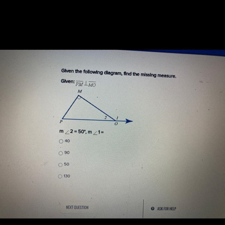 M<2 = 50°, m<1= 40 90 50 130-example-1