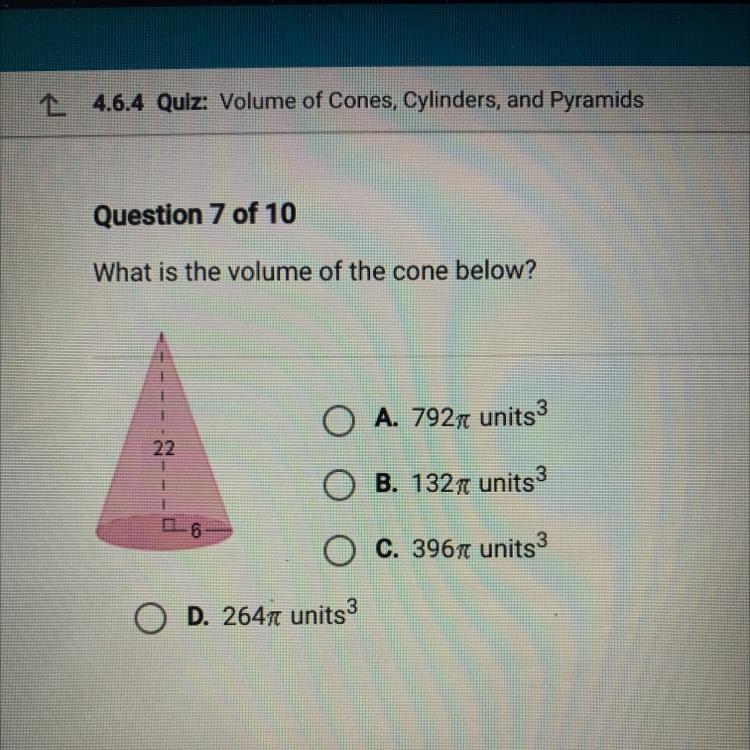 What is the volume of the cone below?-example-1