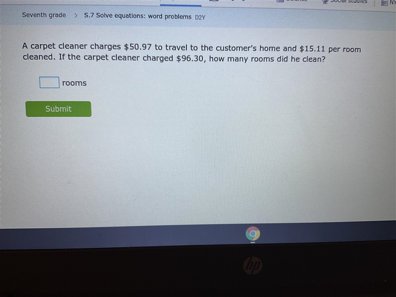 A carpet cleaner charges $50.97 to travel to the customers house and $15.11 per room-example-1