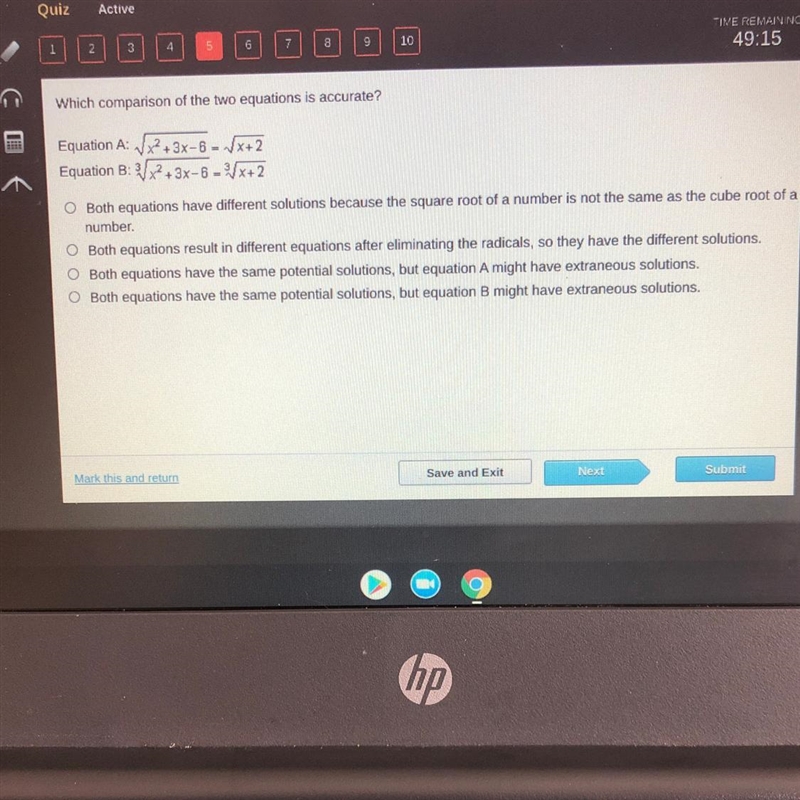 Which comparison of the two equations is accurate? Equation A: Sqrt x^2 + 3x-6 - Sqrt-example-1