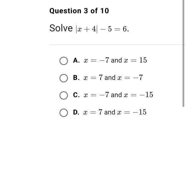 Solve |x + 4| - 5 =6.-example-1