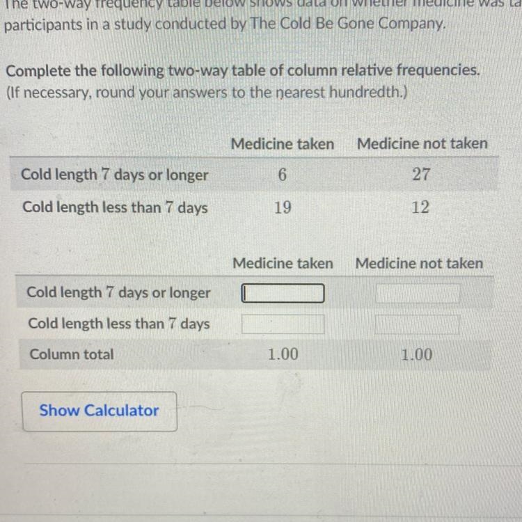 The two-way frequency table below shows data on whether medicine was taken and cold-example-1