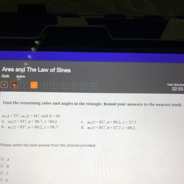 Find the remaining sides and angles in the triangle. Round your answers to the nearest-example-1