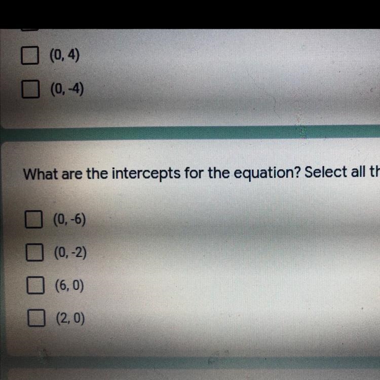 What are the intercepts for the equation? Select all that apply. x - 3y = 6-example-1