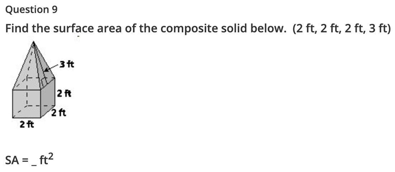 Find the surface area of the composite solid below. (2 ft, 2 ft, 2 ft, 3 ft)-example-1