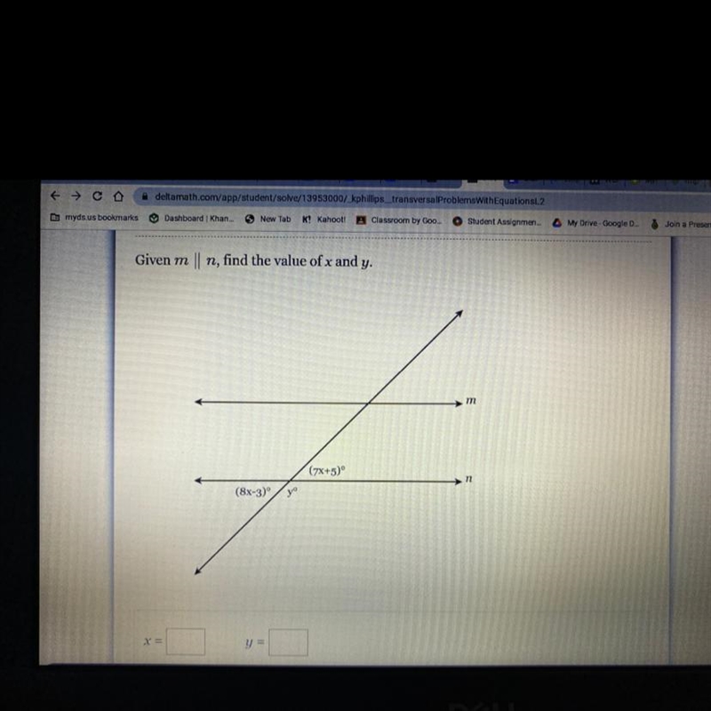 Given m 11 n, find the value of x and y. וז (7x+5) n (8x-3) Do-example-1