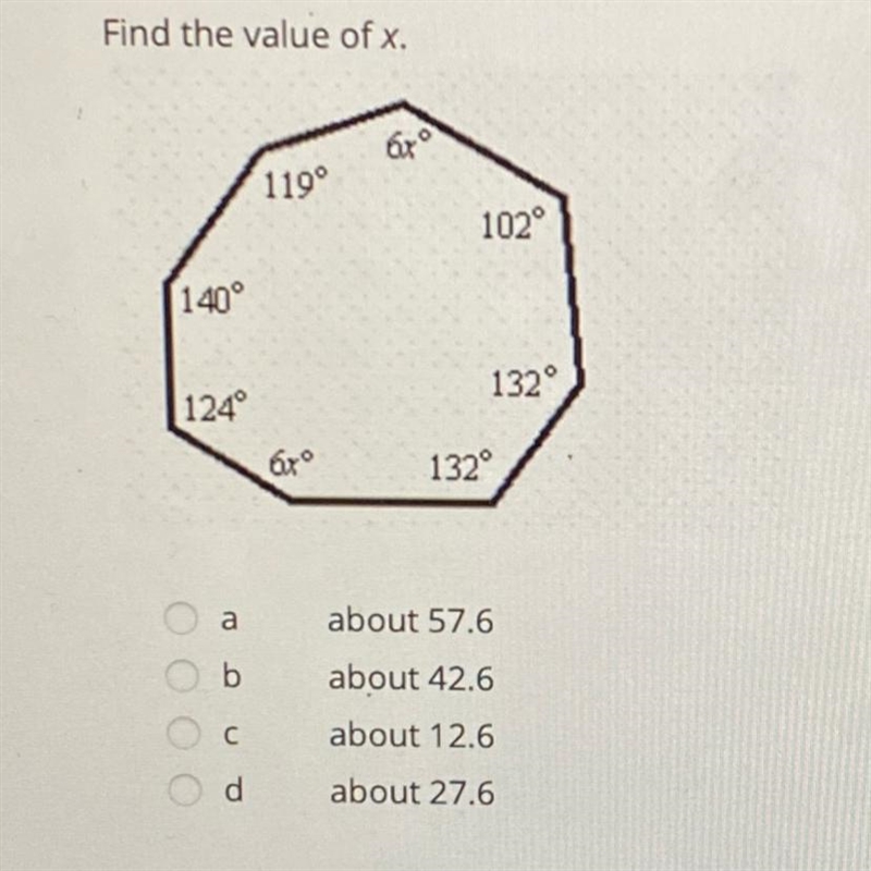 Find the value of x. A. About 57.6 B. About 42.6 C. About 12.6 D. About 27.6-example-1