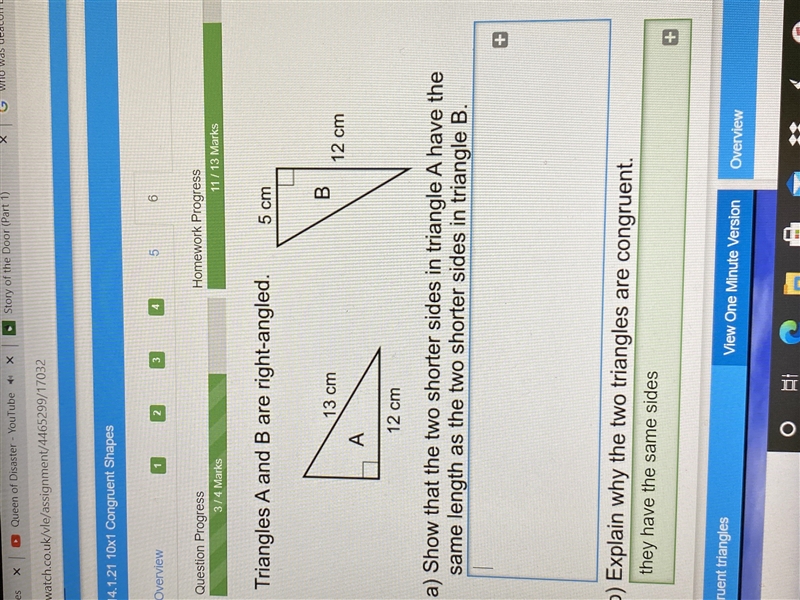 Show that the two shorter sides in triangle A have the same length as the two shorter-example-1