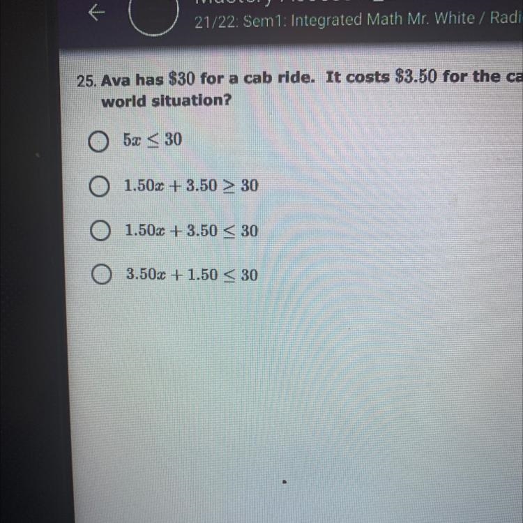 HELP ASAPPP! Ava has $30 for a cab ride. It costs $3.50 for the cab to pick her up-example-1