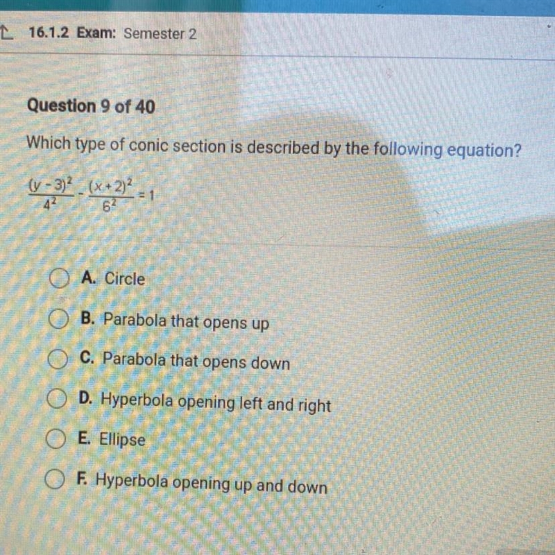 PLEASE HELP !!!!! Which type of conic section is described by the following equation-example-1