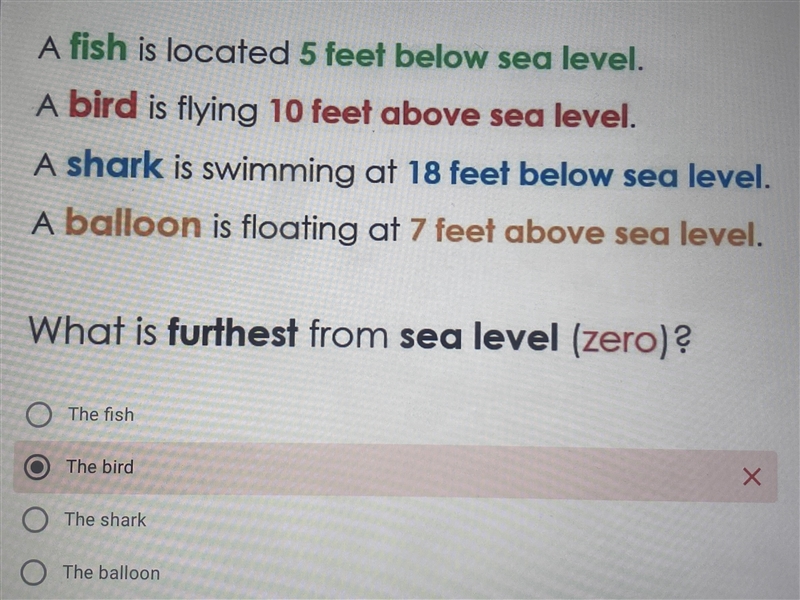 Can y’all please help ASAP. A fish is located 5 feet below sea level. A bird is flying-example-1