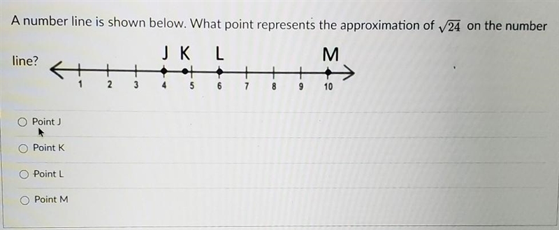 A number line is shown below. What point represents the approximation of 24 on the-example-1