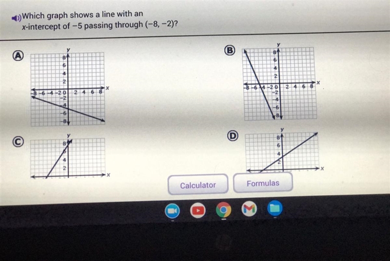 Which graph show a line with an x intercept of -5 passing though (-8,-2)?-example-1