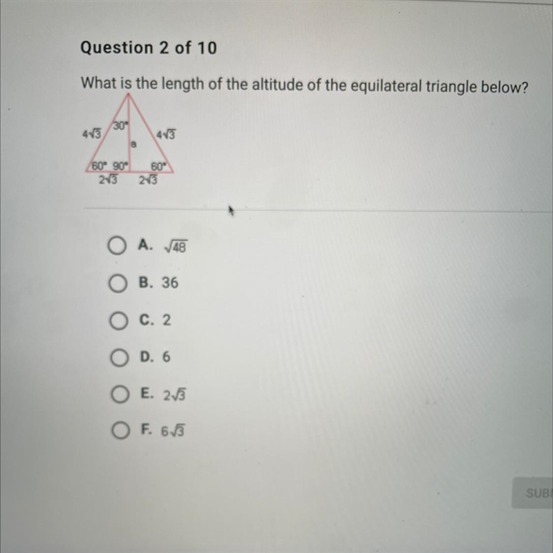 What is the length of the altitude of the equilateral triangle below?-example-1