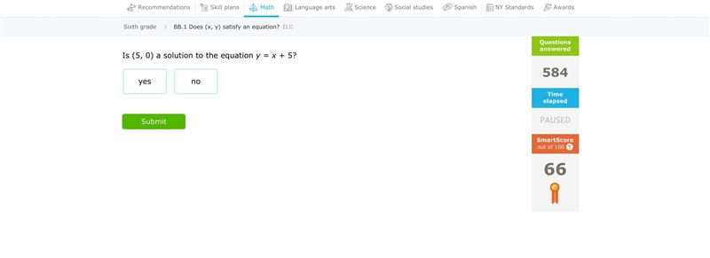 Is (5, 0) a solution to the equation y = x + 5? Guys I need help-example-1